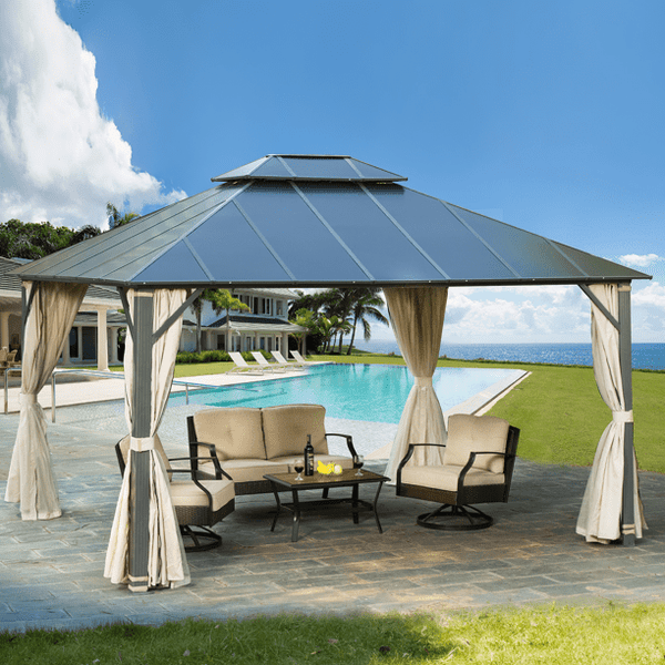 Erommy 12x14FT Hardtop Gazebo, Permanent Outdoor Aluminum Patio Gazebo with Aluminum Composite Double Roof for Patio Lawn and Garden, Curtains and Netting Included