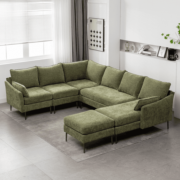 Mellcom U Shaped Sectional Sofa Chenille Convertible Sectional Couch with Chaise Lounge and Ottman for Living Room,Green
