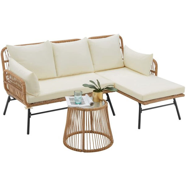 Erommy 3 Pieces L-Shaped Sectional Wicker Conversation Sets with Cushions and Glass Table