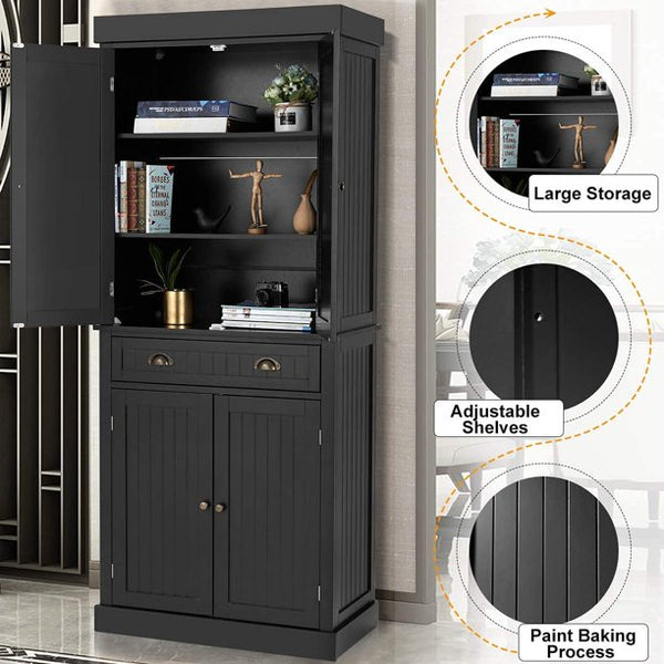 Mellcom 72” Freestanding Kitchen Pantry Storage Cabinets, Elegant Colonial Design Cupboard, Black