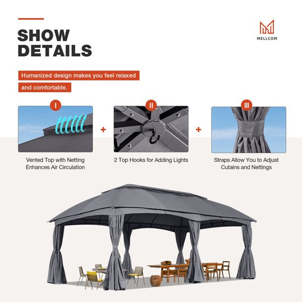 Mellcom 12'x20' Canopy Gazebo, Patio Party Tent with Vented Soft Top, Outdoor Garden Gazebo for Backyard, Event, Gray