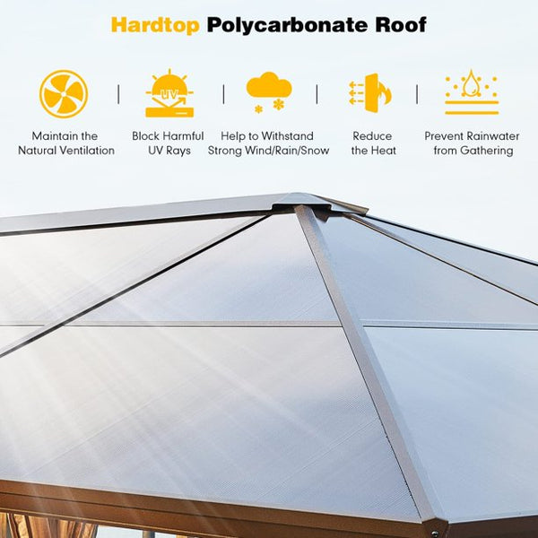 Erommy 10'x12' Outdoor Polycarbonate Hardtop Gazebo Curtains Aluminum Frame with Netting for Garden,Patio