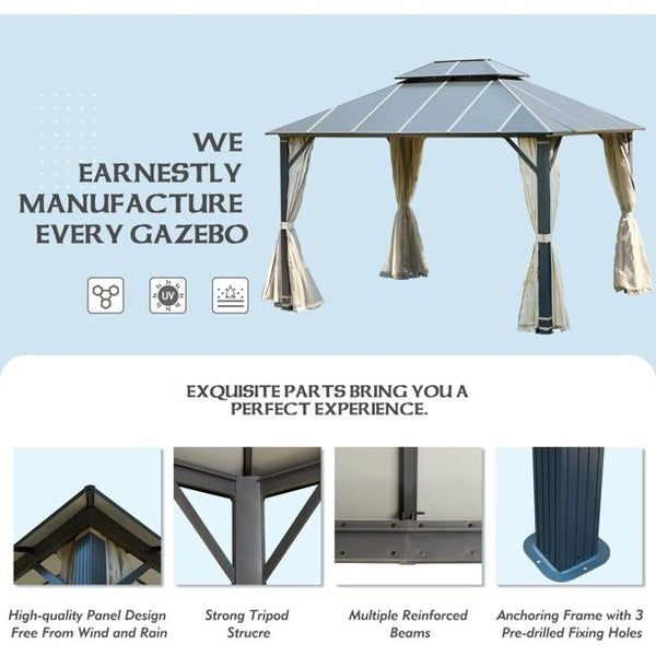 Erommy 12x14FT Hardtop Gazebo, Permanent Outdoor Aluminum Patio Gazebo with Aluminum Composite Double Roof for Patio Lawn and Garden, Curtains and Netting Included