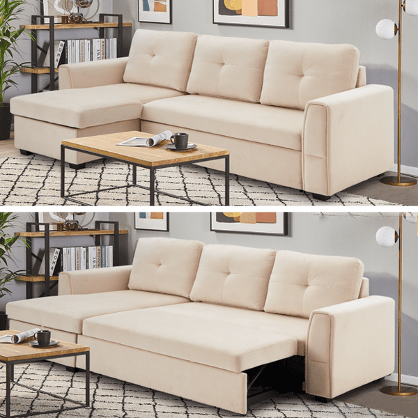 Mellcom Sectional Sleeper Sofa, Flannel L-Shaped Sofa Bed with Storage Ottoman, Beige
