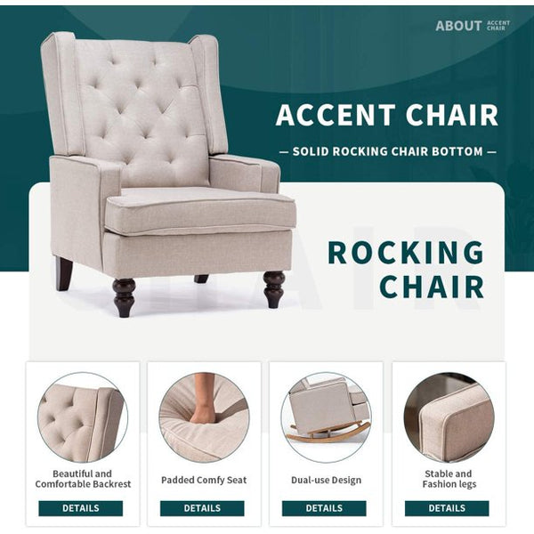 Yoleny Rocking Chair with Two Sets of Legs,Linen Fabric Glider Rocker Chair with Padded Seat,Upholstered Single Sofa, Beige