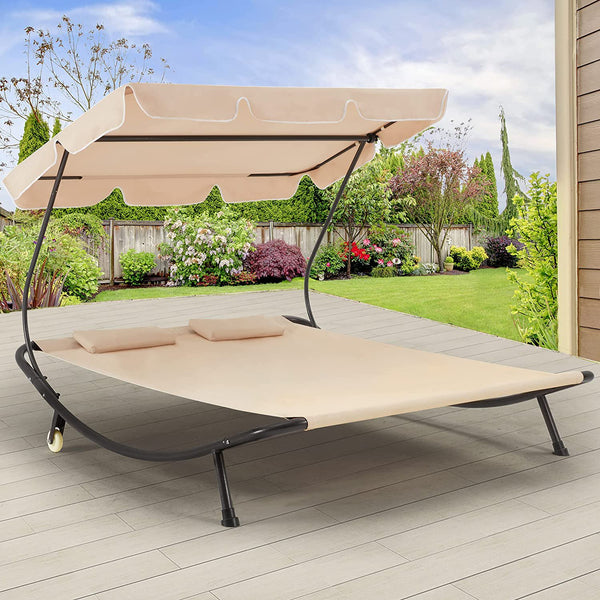 Yoleny Patio Double Chaise Lounge with Adjustable Canopy, Outdoor Hammock Daybed with Wheels and Pillows for 2 Person, Oxford Cloth Chaise Lounge Bed for Ousides, Garden, Backyard, Lawn, Beige