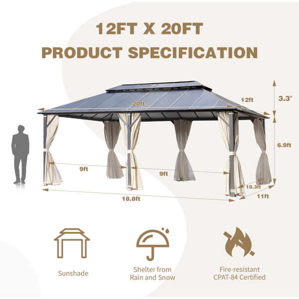 Erommy 13' x 15' Cedar Wood Frame Gazebo, Outdoor Hardtop Gazebo with Metal Roof, Curtains and Nettings