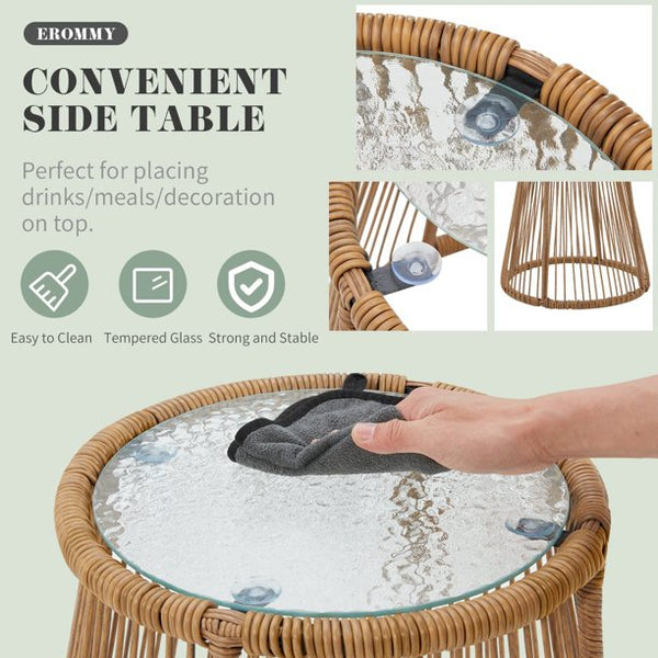 Erommy 3 Pieces L-Shaped Sectional Wicker Conversation Sets with Cushions and Glass Table