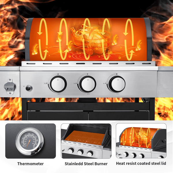Yoleny 3 Burner BBQ Propane Gas Grill，24,000 BTU Stainless Steel Patio Garden Barbecue Grill with Stove and Side Table