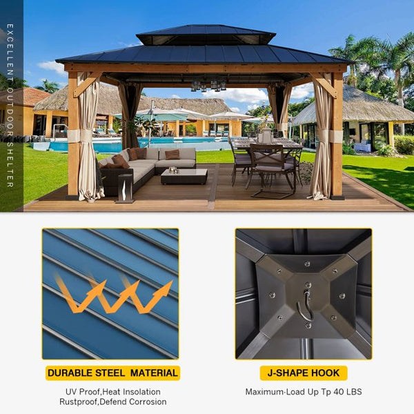Erommy 13' x 15' Cedar Wood Frame Gazebo, Outdoor Hardtop Gazebo with Metal Roof, Curtains and Nettings