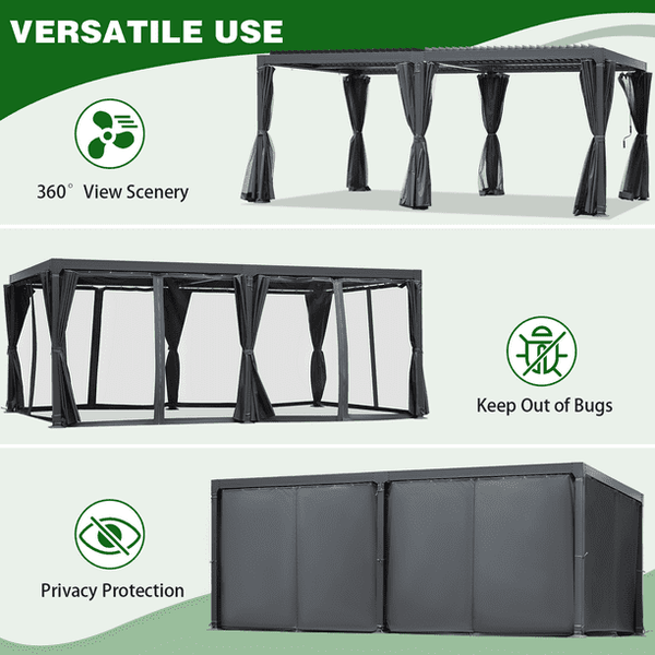 Hommow 12'×20' Outdoor Louvered Pergola with Adjustable Aluminum Rainproof Roof,Black