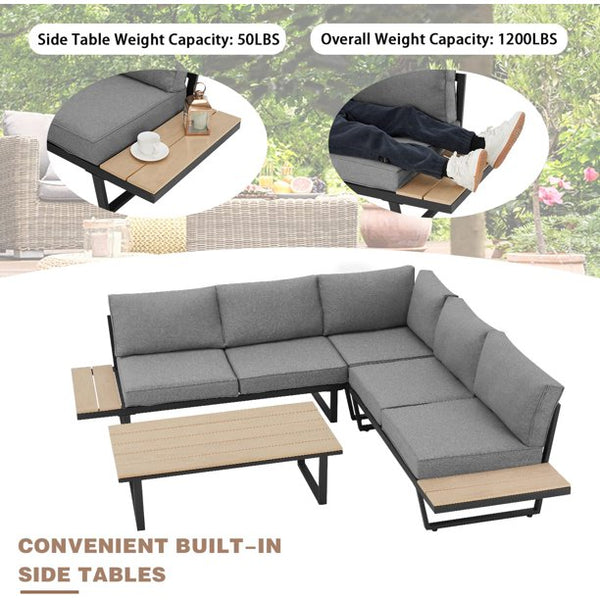 Erommy Outdoor Conversation Set with Coffee Table, All-Weather L-Shaped Metal Patio Sectional Sofa Set with Gray Cushion and Built-in Side Table for Patio, Deck, Backyard, Garden