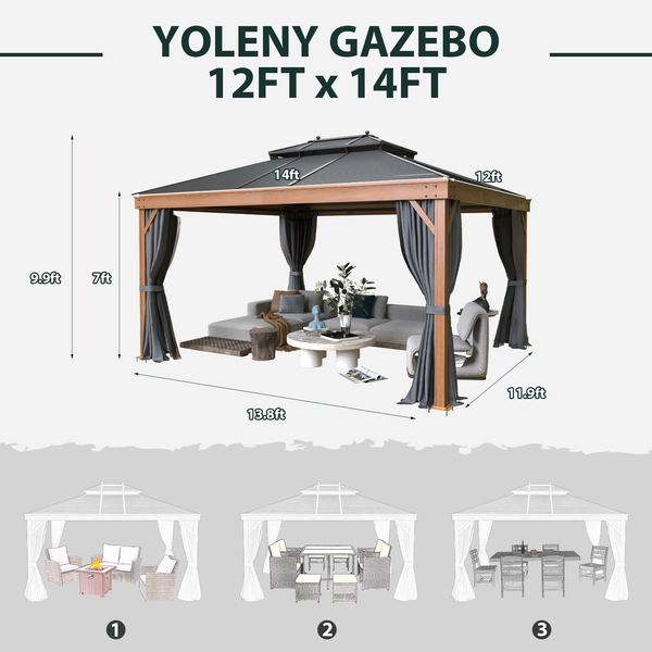 Yoleny 12' X 14' Hardtop Gazebo Metal Gazebo with Wood Grain Aluminum Frame, Galvanized Steel Double Roof, Outdoor Patio Gazebo Pergolas with Netting and Curtains for Backyard, Patio, Lawns