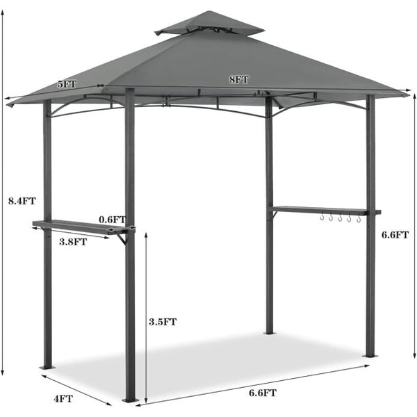 Yoleny 8'×5' Grill Gazebo Double Tiered, Grill Canopy with Soft Top and Heavy-Duty Steel Frame, Outdoor BBQ Gazebo Canopy with Shelves and Hooks for Patio Backyard Deck Barbeque, Gray