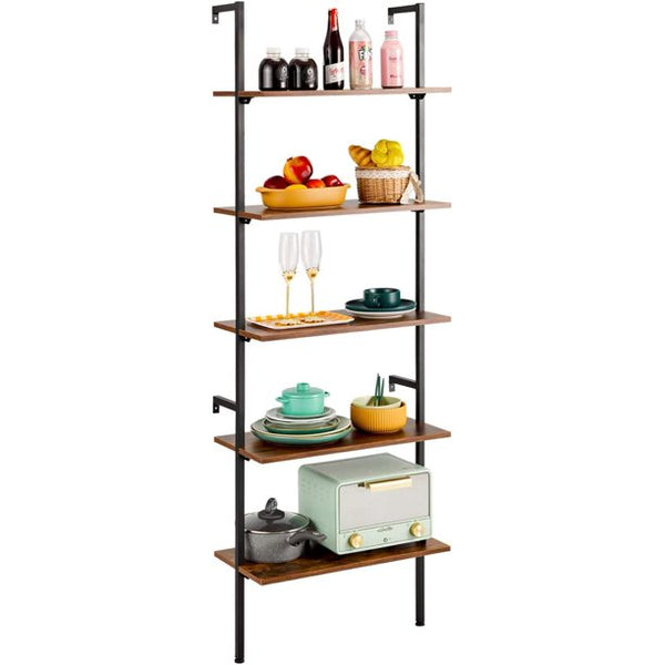 Yoleny 5 Tier Industrial Ladder Shelf, Wood Modern Bookshelf with Metal Frame, Wall-Mounted Plant Flower Storage Organizer, Brown