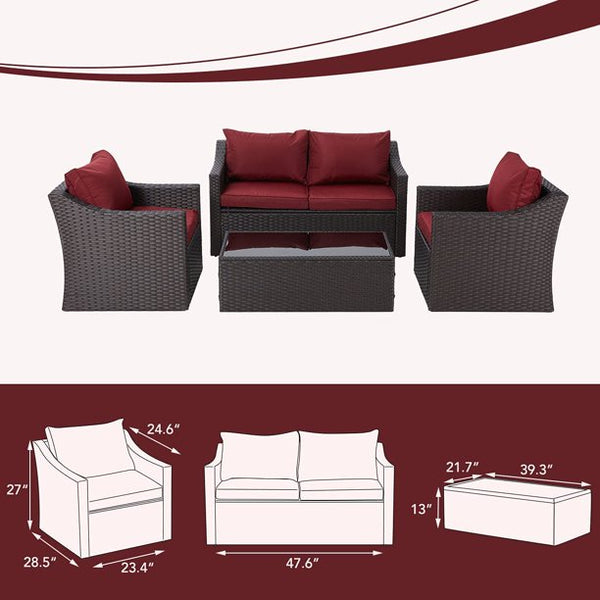 Yoleny 4pcs Patio Furniture Sets Wicker PE Rattan Conversation Furniture Set, Wine Red