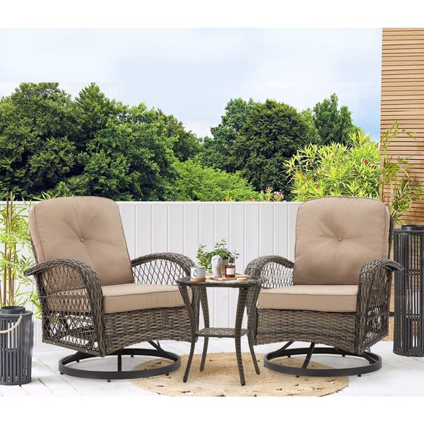 Erommy 3 Pieces Rattan Patio Set, Outdoor Rocker Patio Chairs 360 ° Swivel with Cushions and Table, Khaki