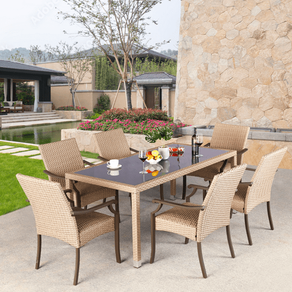 Mellcom 7 Piece Outdoor Patio Dining Set,Wicker Rattan Table and Metal Rattan Chairs Furniture Set for Dinner&Party,Beige