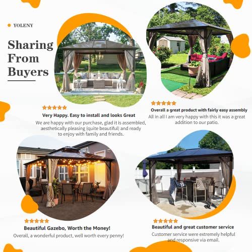 Erommy 10'x12' Outdoor Hardtop Polycarbonate Gazebo Canopy Aluminum Frame with Netting and Curtains for Garden, Patio