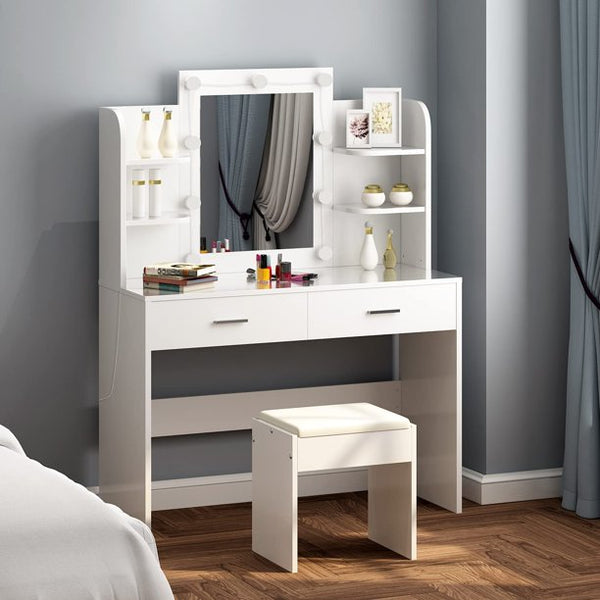 MELLCOM Vanity Table Set Makeup Desk, Dressing Table with Lighted Mirror, White