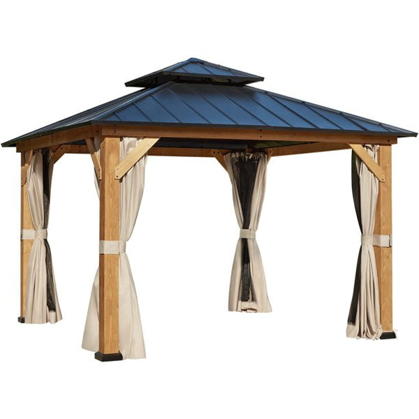 Yoleny 11' x 11' Cedar Wood Gazebo, Outdoor Hardtop Gazebo with Privacy Curtains and Mosquito Netting, for Patio, Garden, Backyard