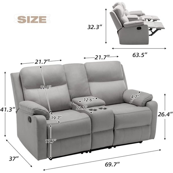 Mellcom Reclining Console Loveseat, Manual Upholstered Home Theater Seating, Arm Sofa Recliner Chair for Living Room, Gray