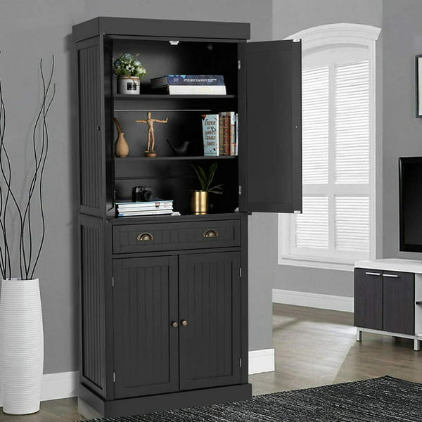 Mellcom 72” Freestanding Kitchen Pantry Storage Cabinets, Elegant Colonial Design Cupboard, Black