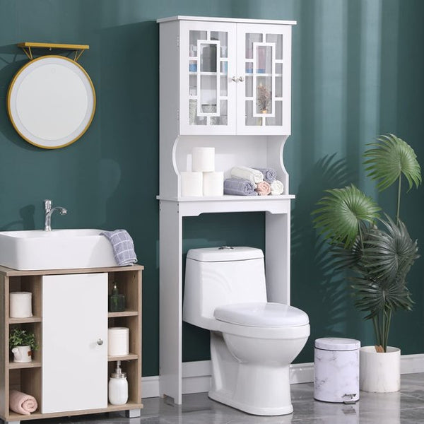 Yoleny Toilet Storage Wooden Bathroom Organizer with 2 Glass Doors & Adjustable Shelf, Over Toilet Cabinets for Bathroom, White