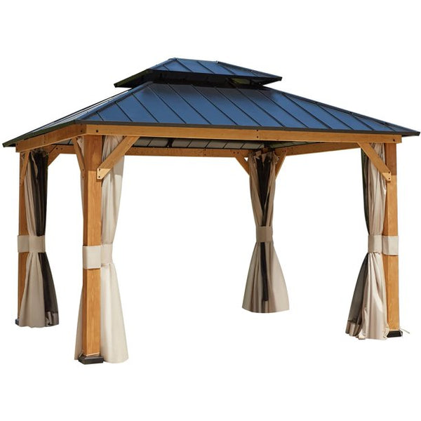 Yoleny 11' x 13' Solid Wood Gazebo, Hardtop Gazebo Galvanized Steel Outdoor Gazebo Canopy Double Vented Roof Pergolas Aluminum Frame with Netting and Curtains for Garden, Patio, Lawns, Parties