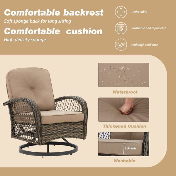 Erommy 3 Pieces Rattan Patio Set, Outdoor Rocker Patio Chairs 360 ° Swivel with Cushions and Table, Khaki