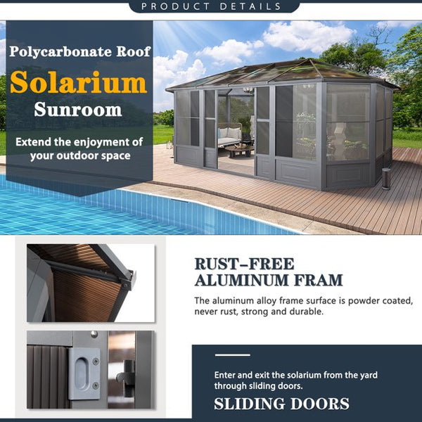 Yoleny 12' x 18' Solarium Sunroom, Outdoor Hardtop Polycarbonate Roof Sun Room, Aluminum Frame Permanent Tiny House with Sliding Doors and Screens,for Garden, Patio, Lawns