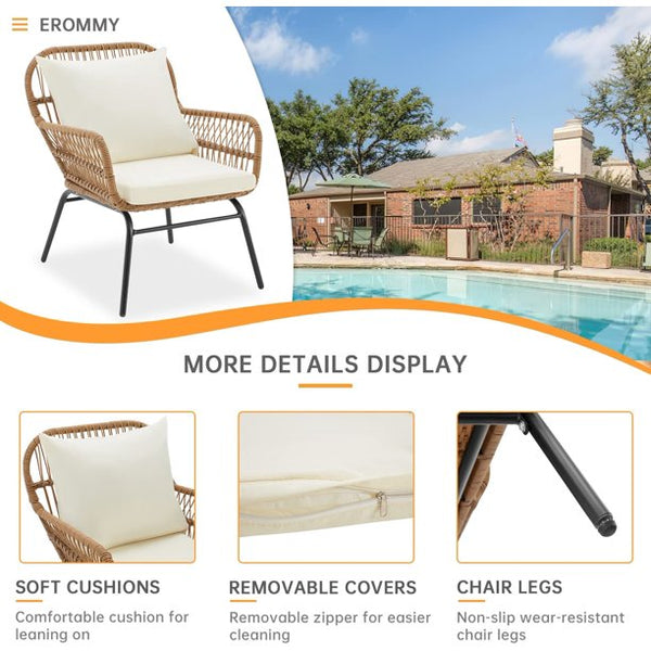 Erommy 3-Piece Patio Conversation Set, Outdoor Wicker Furniture with 2 Wide Armchairs & Tempered Glass Top Table, Cushions Included