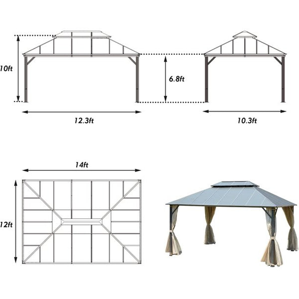 Erommy 12'x14' Outdoor Hardtop Gazebo Patio Furniture, Aluminum Frame Double Roof, Privacy Curtains and Premium Net for Patio Lawn and Garden