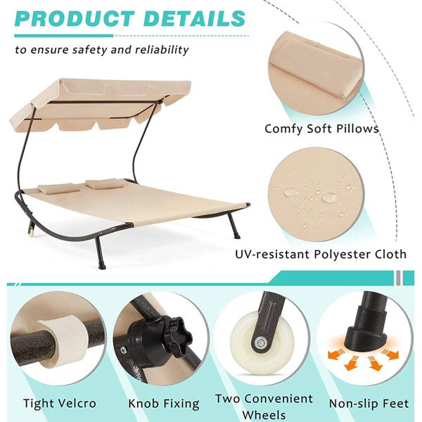 Yoleny Patio Double Chaise Lounge with Adjustable Canopy, Outdoor Hammock Daybed with Wheels and Pillows for 2 Person, Oxford Cloth Chaise Lounge Bed for Ousides, Garden, Backyard, Lawn, Beige