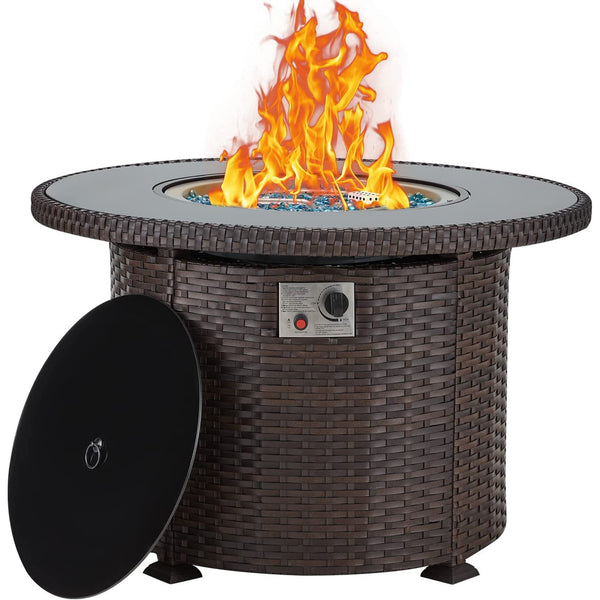 Yoleny Gas Fire Pit Table, 38" 50000 BTU Round Propane Firepits with Lid and Fire Glass, CSA Certification, Brown