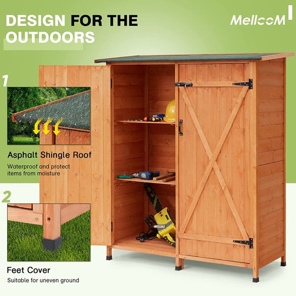 Mellcom Wooden Storage Shed, Outdoor Garden Tool Shed with Asphalt Roof for Patio, Garden, Backyard, Lawn