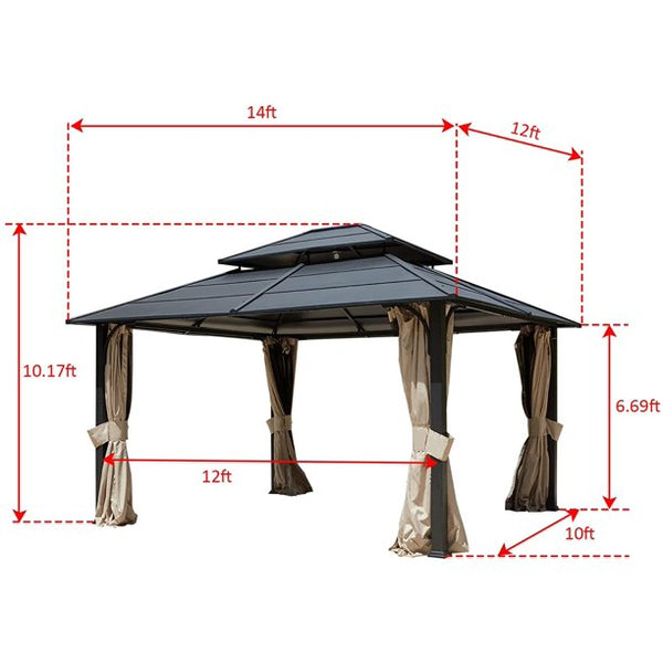Yoleny 12’ X 14’ Hardtop Gazebo, Permanent Aluminum Patio Gazebo with Privacy Curtain and Mosquito Net, Double Roof Canopy Gazebo for Outdoor, Patio, Lawn Wedding, Garden