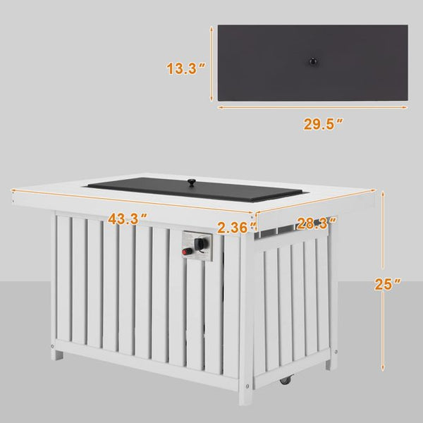 Mellcom 43in Propane Fire Pit Table, 50000 BTU HDPE Rectangle Gas Fire Pit for Outside, Paito, Backyard, White