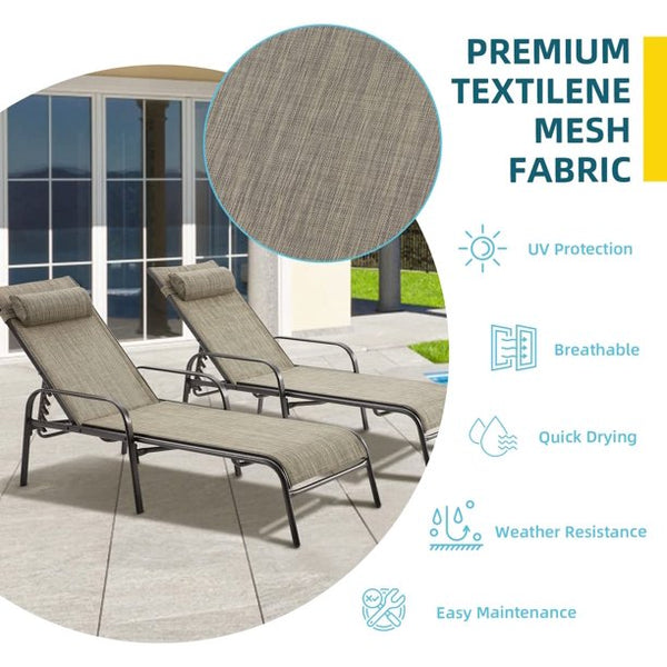 Yoleny Patio Chaise Lounges, Set of 2 Outdoor Lounge Chairs with Adjustable Backrest, All-Weather Textiline Recliner Chairs with Steel Frame and Ergonomic Armrest, for Patio Beach Yard Pool