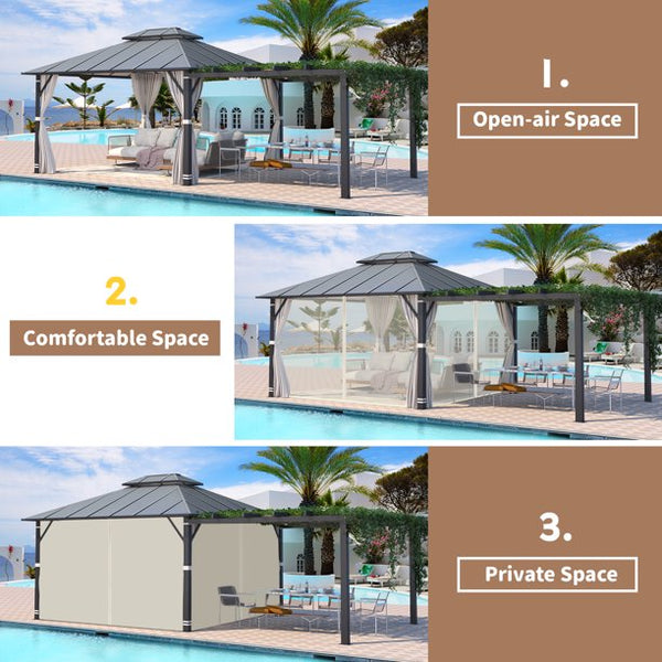 Mellcom 12'x14' Patio Gazebo with 12'x10' Outdoor Pergola, Metal Steel Canopy with Double Roof for Patio Lawn and Garden