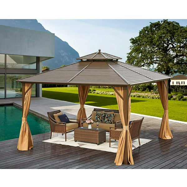 Erommy 12' x 12' Hardtop Gazebo Galvanized Steel Outdoor Gazebo Canopy Double Vented Roof Pergolas Aluminum Frame with Netting and Curtains for Garden,Patio,Lawns,Parties