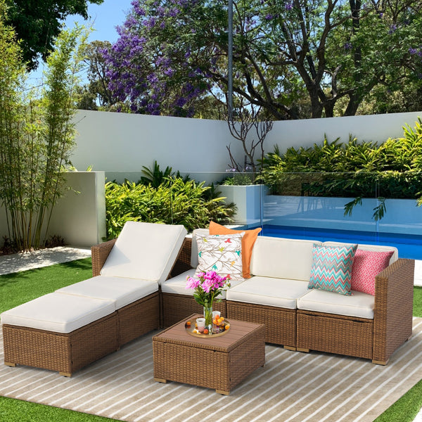 Mellcom 7 Pieces Patio Conversation Set PE Rattan Wicker Furniture Sofa Set with Two Storage Boxes,Beige