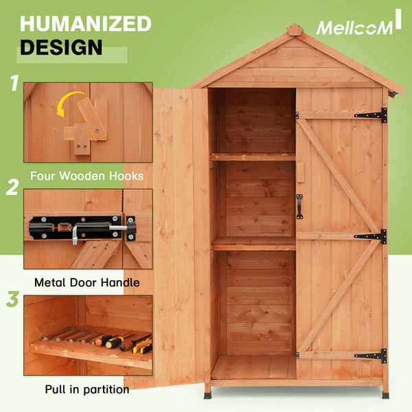 Mellcom Wooden Garden Storage Shed with Locker Doors, Outdoor Tool Shed with Asphalt Roof for Patio, Garden, Backyard, Lawn