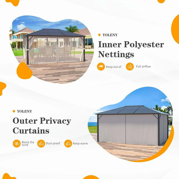 Erommy 10'x12' Outdoor Hardtop Polycarbonate Gazebo Canopy Aluminum Frame with Netting and Curtains for Garden, Patio