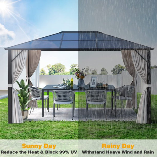Erommy 10'x12' Outdoor Polycarbonate Hardtop Gazebo Curtains Aluminum Frame with Netting for Garden,Patio
