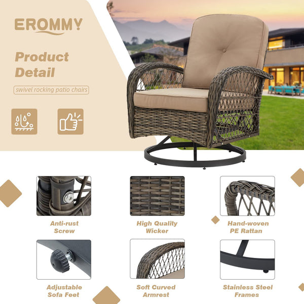 Erommy 3 Pieces Rattan Patio Set, Outdoor Rocker Patio Chairs 360 ° Swivel with Cushions and Table, Khaki