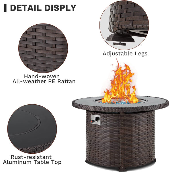 Yoleny Gas Fire Pit Table, 38" 50000 BTU Round Propane Firepits with Lid and Fire Glass, CSA Certification, Brown