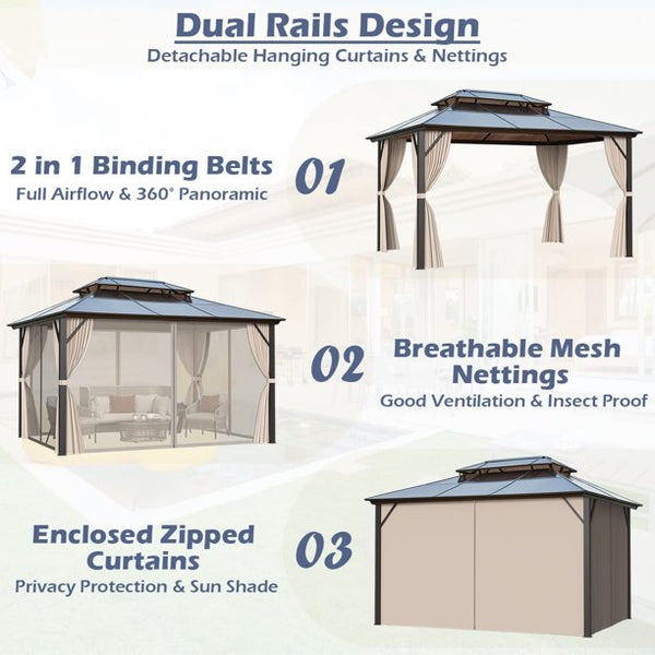 EROMMY 10'x13' Outdoor Polycarbonate Double Roof Hardtop Gazebo Canopy Curtains Aluminum Frame with Netting for Garden,Patio