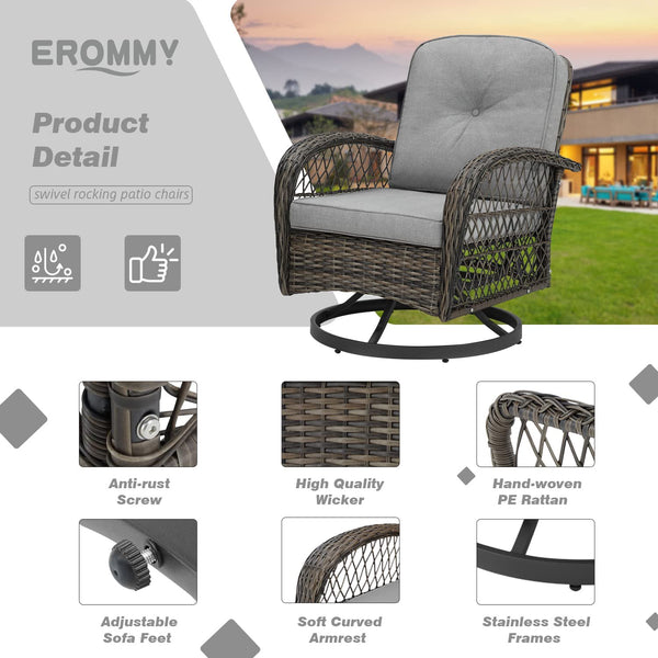 Erommy Outdoor Rocker Patio Chairs 360 ° Swivel , 3 Pieces Patio Conversation Set with Thickened Cushions and Glass Table, Gray
