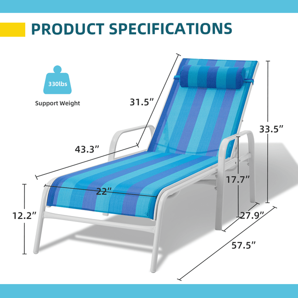 Mellcom Patio Chaise Lounges, Set of 2 Adjustable Outdoor Lounge Chairs for Patio Beach Yard Pool,Blue